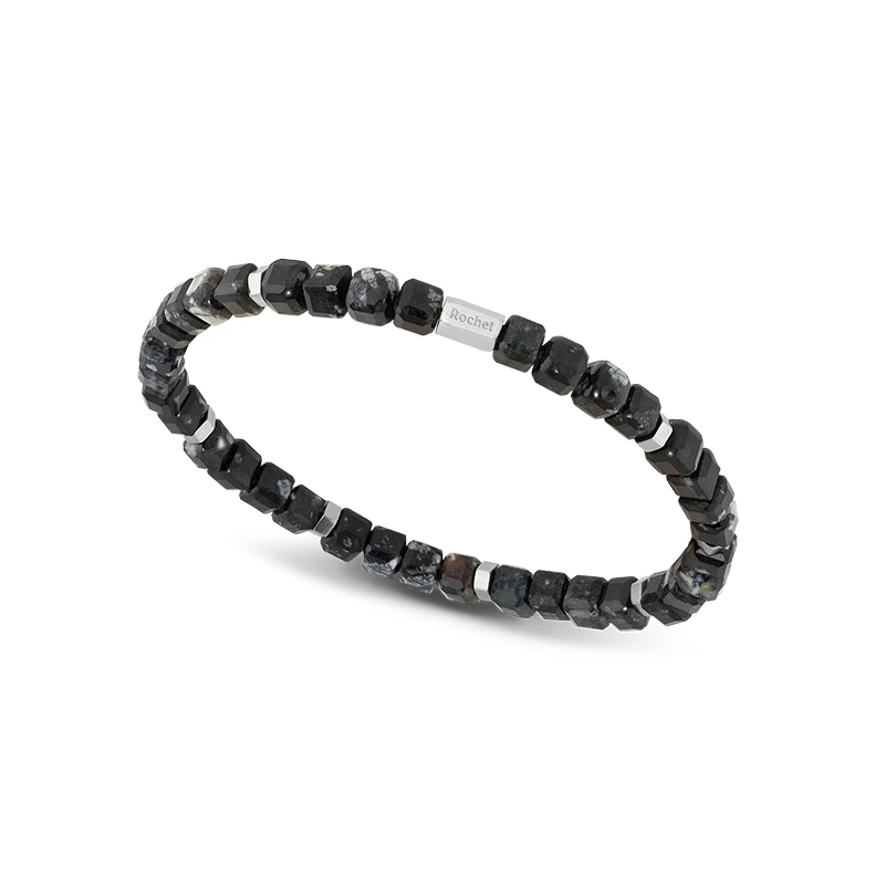 Moška zapestnica ROCHET Boreal HB9601A iz snežnega obsidiana 5,5 mm in satiniranega jekla z gravirano ploščico Rochet