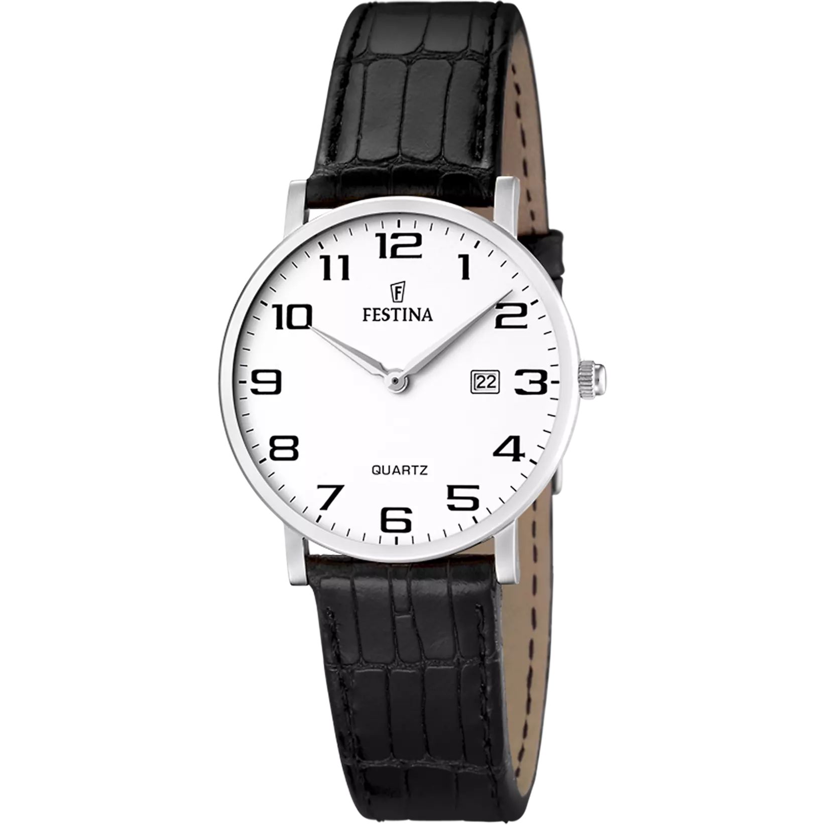 Ročna ura Festina F16477/1 z belo številčnico, arabskimi številkami in črnim usnjenim paščkom
