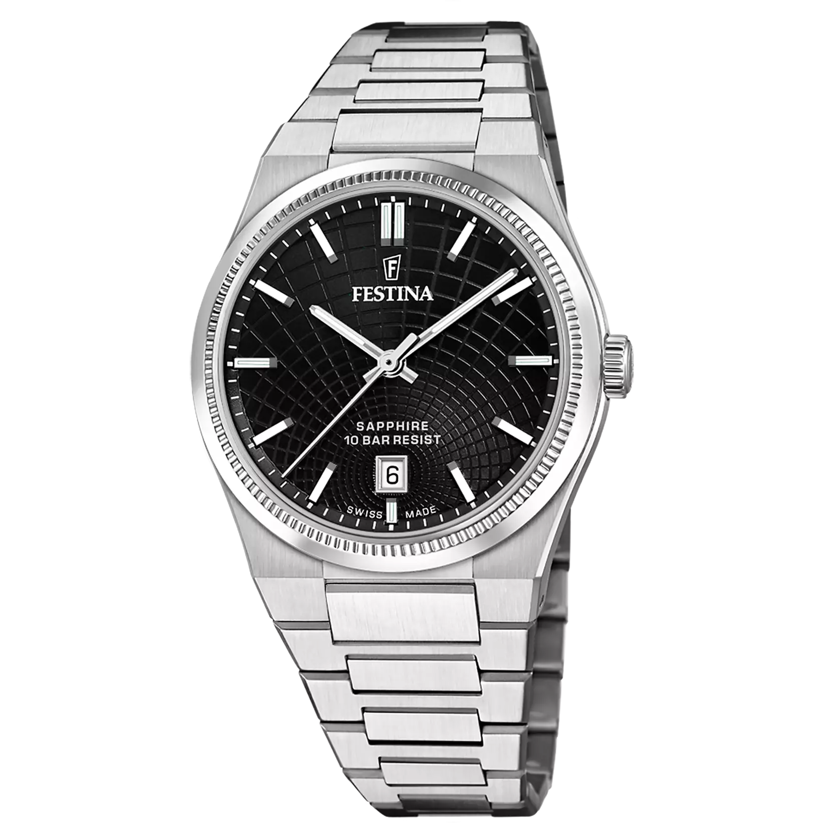 Festina Rivé Swiss Made F20051/6 s črno reliefno številčnico, safirnim steklom, mehanizmom Ronda 715 in vodoodpornostjo 10 ATM.