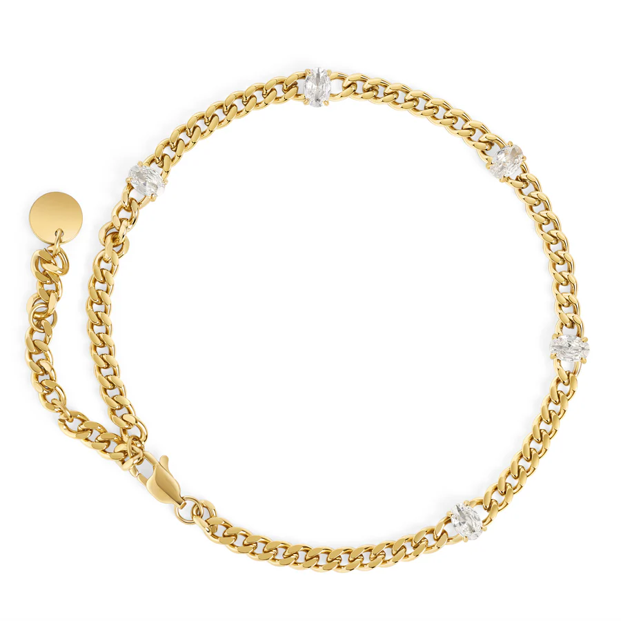 nagležnica MIA Elysia T126AN01DO z zlatim premazom in štirimi ovalnimi cirkoni na verigi širših členov