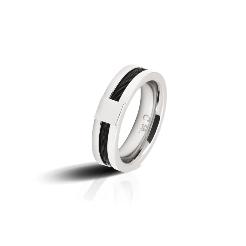 Prstan ROCHET Cabestan A238100A iz nerjavečega jekla s črnim vložkom – kontrasten moški dizajn