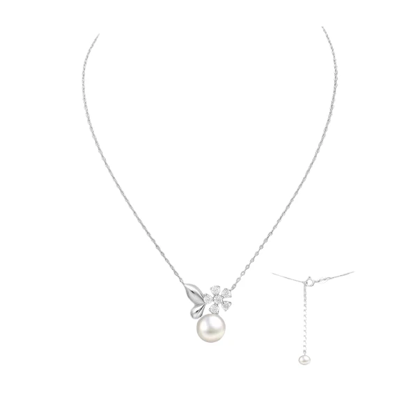 srebrna verižica 382-6864 z motivom metulja in cveta z biserom in svetlečimi kamni