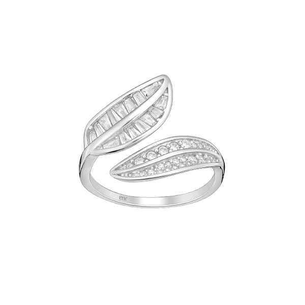 srebrni prstan 701-34415 z motivom listov in cirkoni iz srebra 925 nastavljiv dizajn