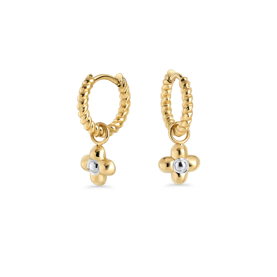 uhani MIA Eclor T126E002DOAR z zlatim zavitim obročem in snemljivim cvetličnim obeskom s srebrnim detajlom