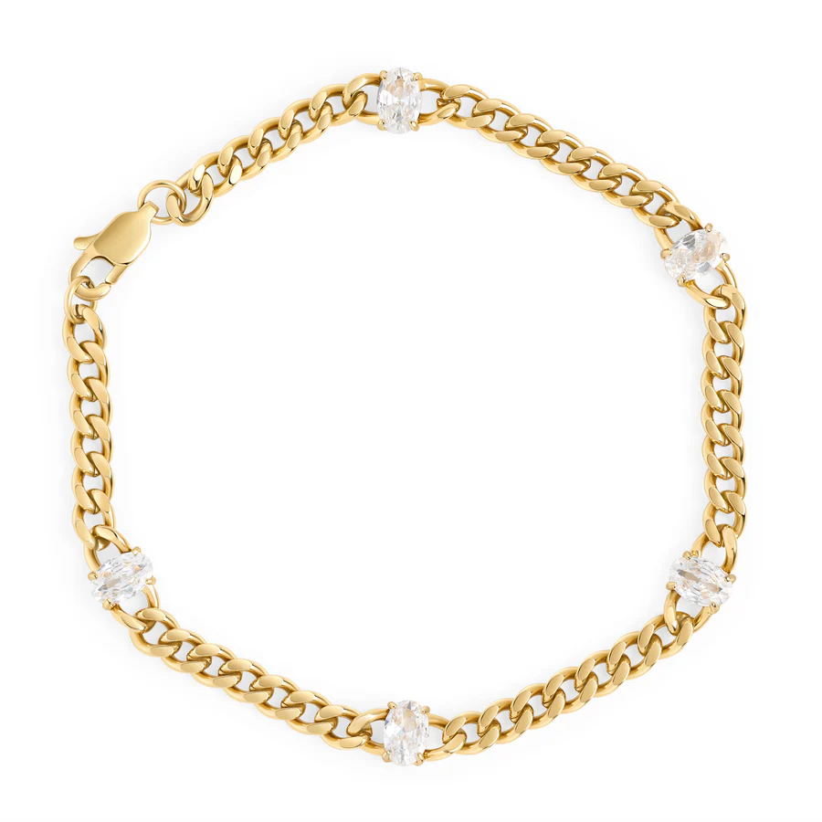 zapestnica MIA Elysia T126B008DO z zlatim premazom in štirimi ovalnimi cirkoni na verigi širših členov