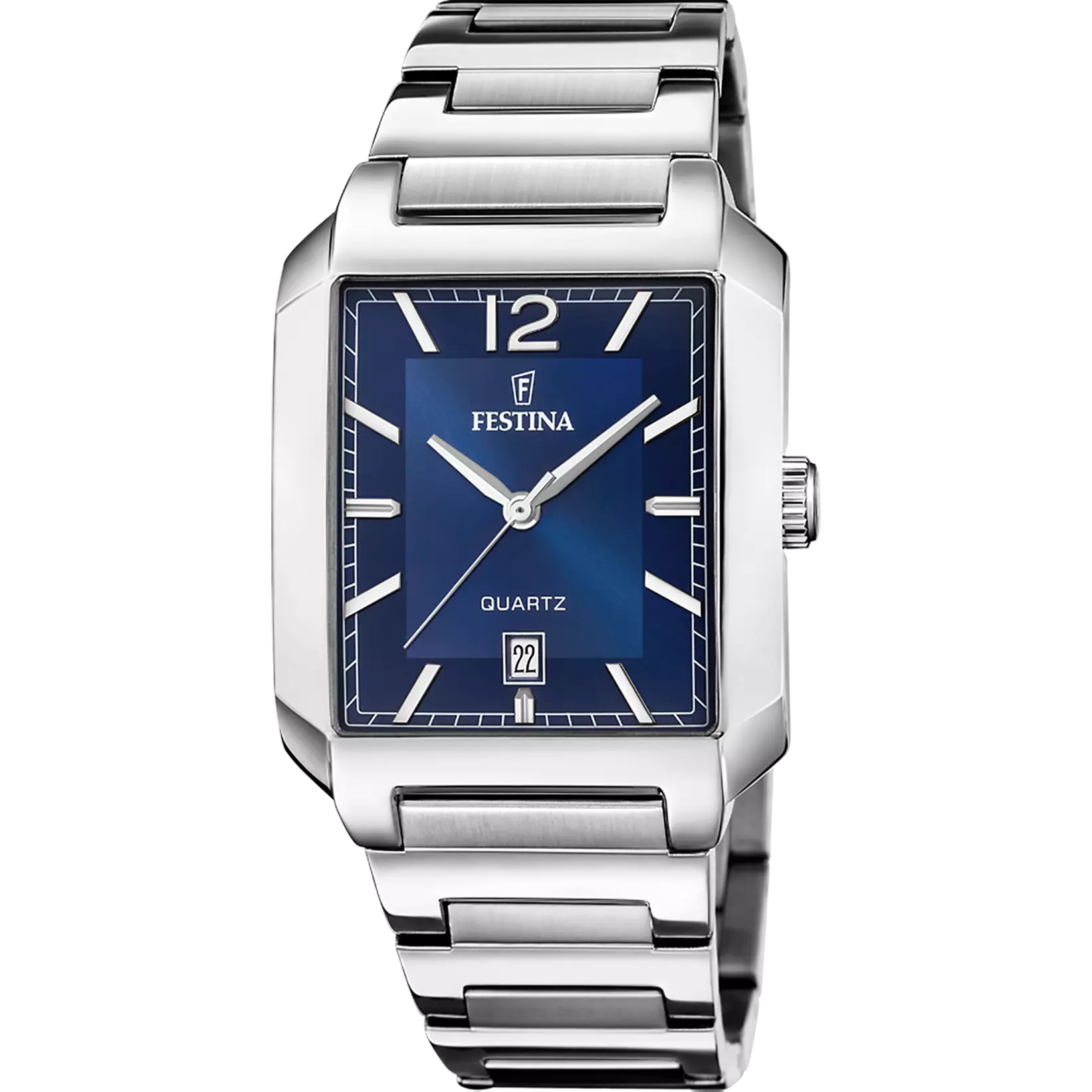 Moška ura Festina F20677/3 s pravokotnim ohišjem, modro številčnico in jekleno zapestnico