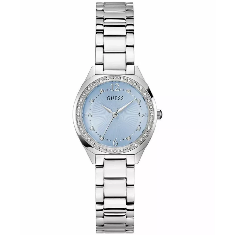Ženska ura Guess GW0767L6 z modro številčnico, kristalno luneto in srebrno jekleno zapestnico