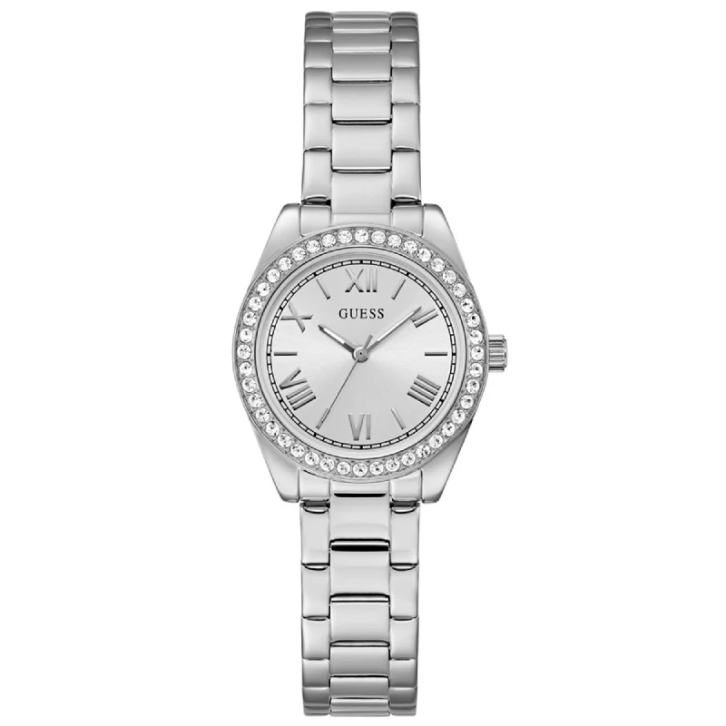 Ženska ura Guess GW0841L6 Mini Luna s srebrno številčnico, kristalno luneto in jekleno zapestnico