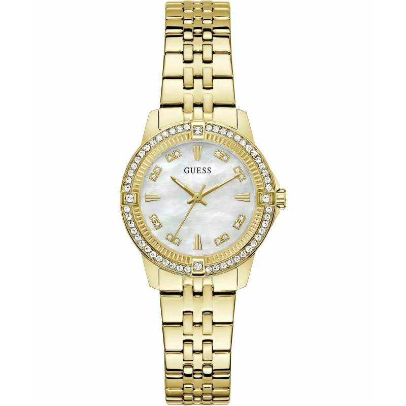 Ženska ura Guess GW1027L2 Colette z biserno številčnico, kristalno luneto in zlato jekleno zapestnico