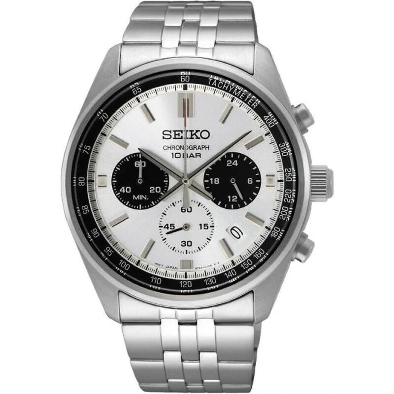 Moška ura Seiko SSB425P1 s srebrno številčnico, kronografom, črno tahimetrično luneto in jekleno zapestnico