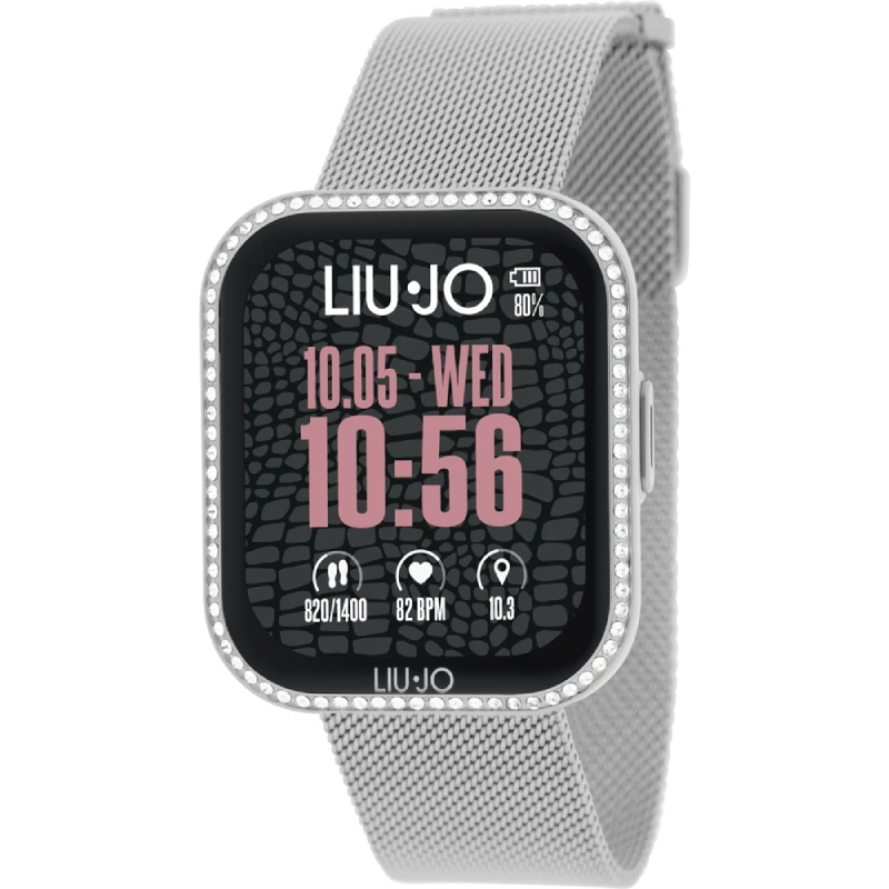 Pametna ura LIU JO MINI SLIM LUXURY SWLJ202 s srebrno Milanese zapestnico iz nerjavečega jekla, ohišjem okrašenim s kristali in 1,65-palčnim AMOLED zaslonom.