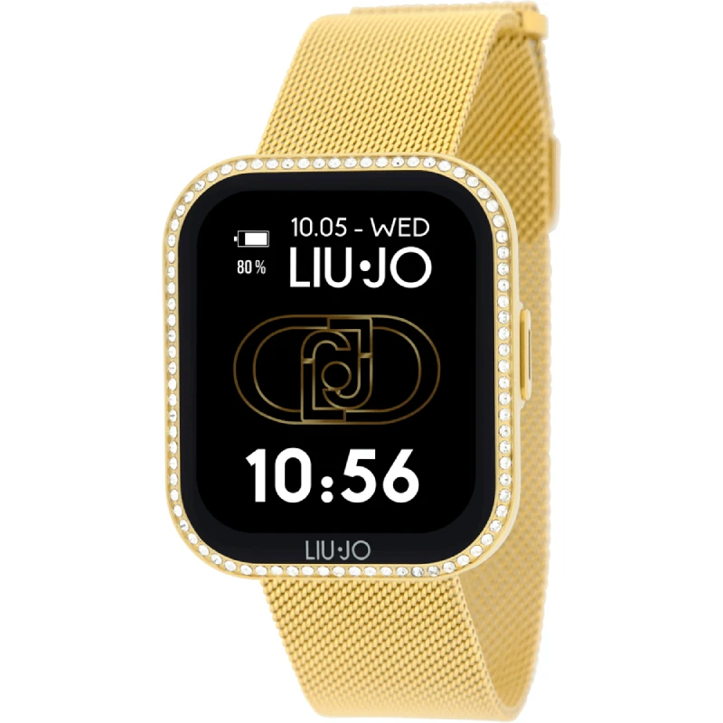 Pametna ura LIU JO MINI SLIM LUXURY SWLJ203 z zlato Milanese zapestnico iz nerjavečega jekla, ohišjem okrašenim s kristali in 1,65-palčnim AMOLED zaslonom.