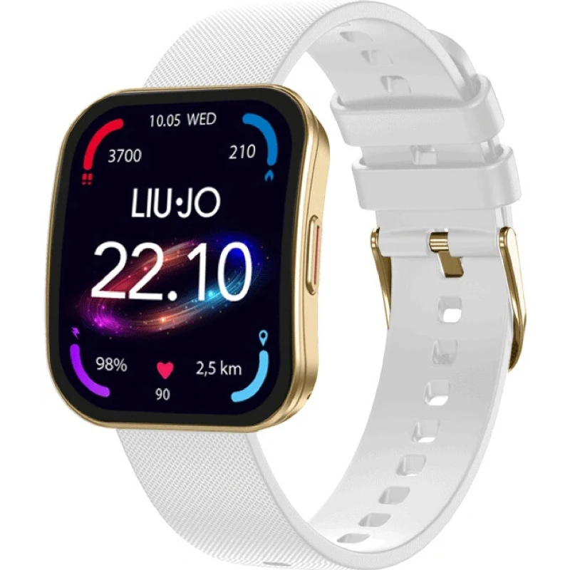 Pametna ura LIU JO VOICE CURVED SWLJ211 z belim silikonskim paščkom, zlatim ohišjem in 1,85-palčnim ukrivljenim AMOLED zaslonom.