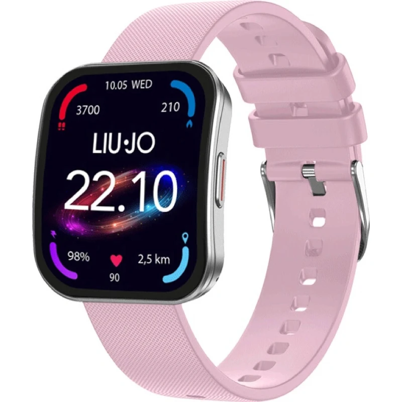 Pametna ura LIU JO VOICE CURVED SWLJ212 z rožnatim silikonskim paščkom, srebrnim ohišjem in 1,85-palčnim ukrivljenim AMOLED zaslonom.