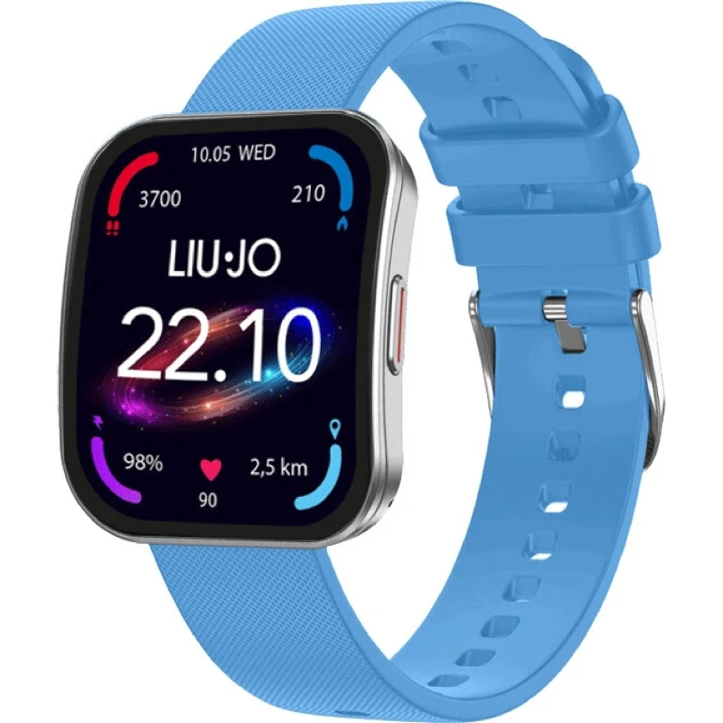 Pametna ura LIU JO VOICE CURVED SWLJ213 z modrim silikonskim paščkom, srebrnim ohišjem in 1,85-palčnim ukrivljenim AMOLED zaslonom.
