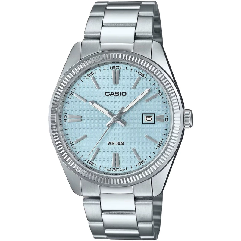 Ročna ura CASIO MTP-1302PE-2AVEF s svetlo modro teksturirano analogno številčnico, prikazom datuma, srebrnim ohišjem in zapestnico iz nerjavečega jekla.