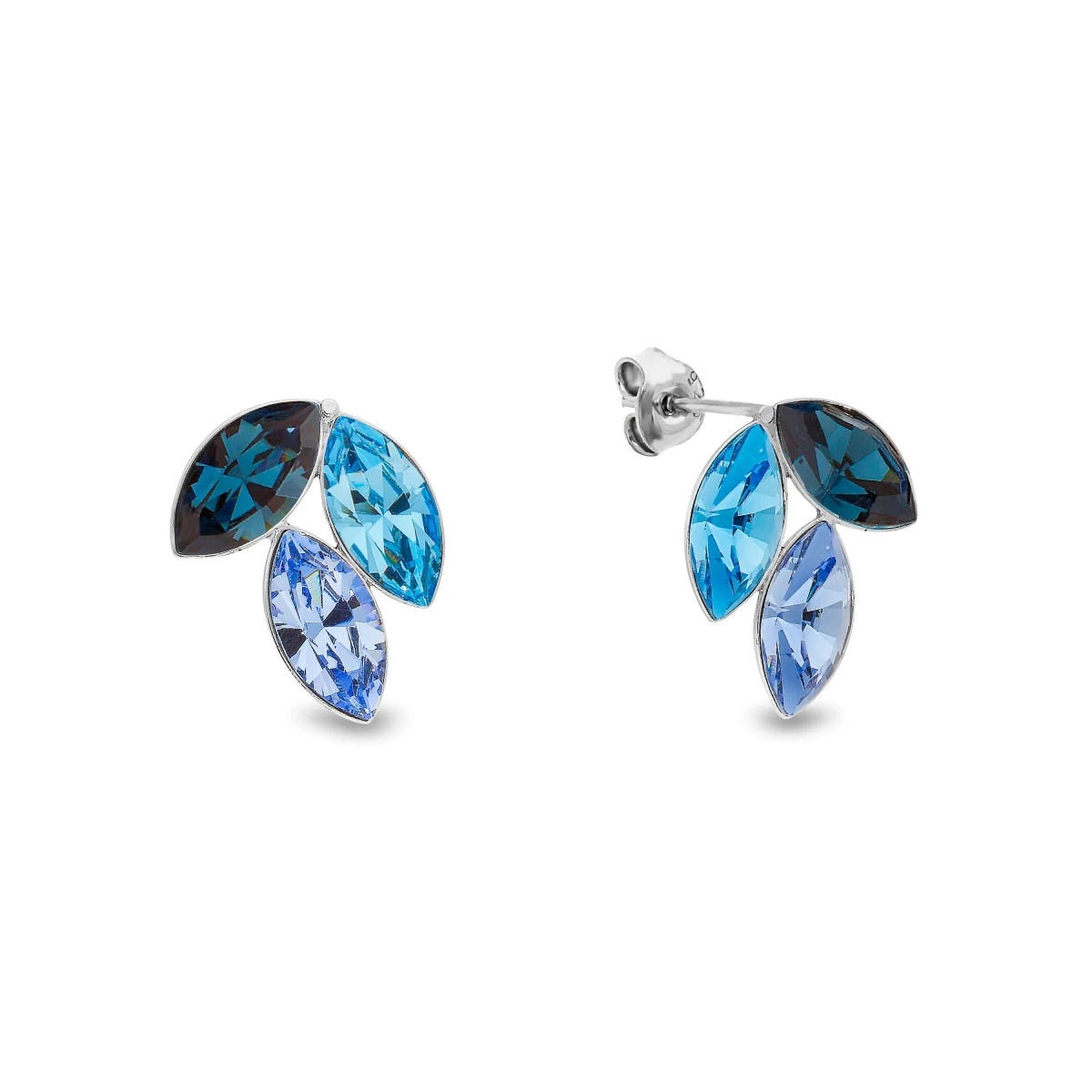 Uhani SPARK Trileaf K42283MLS s kristali Swarovski iz srebra 925 v odtenkih Light Sapphire, Montana in Tanzanite.