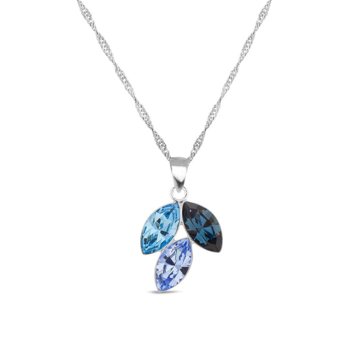 Verižica SPARK Trileaf N42283MLS s kristali Swarovski iz srebra 925 z obeskom v odtenkih Light Sapphire, Montana in Tanzanite.