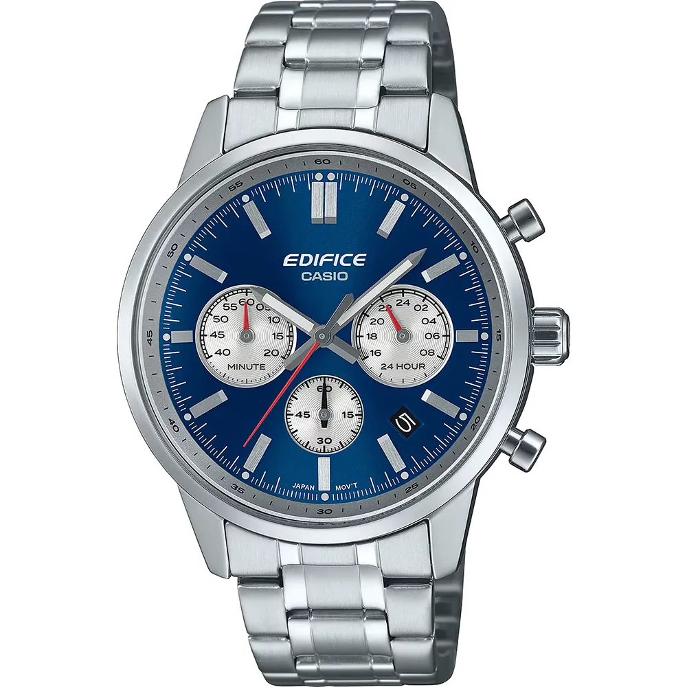 Ročna ura CASIO EDIFICE EFR-575D-2AEF z modro številčnico, kronografom in srebrno jekleno zapestnico