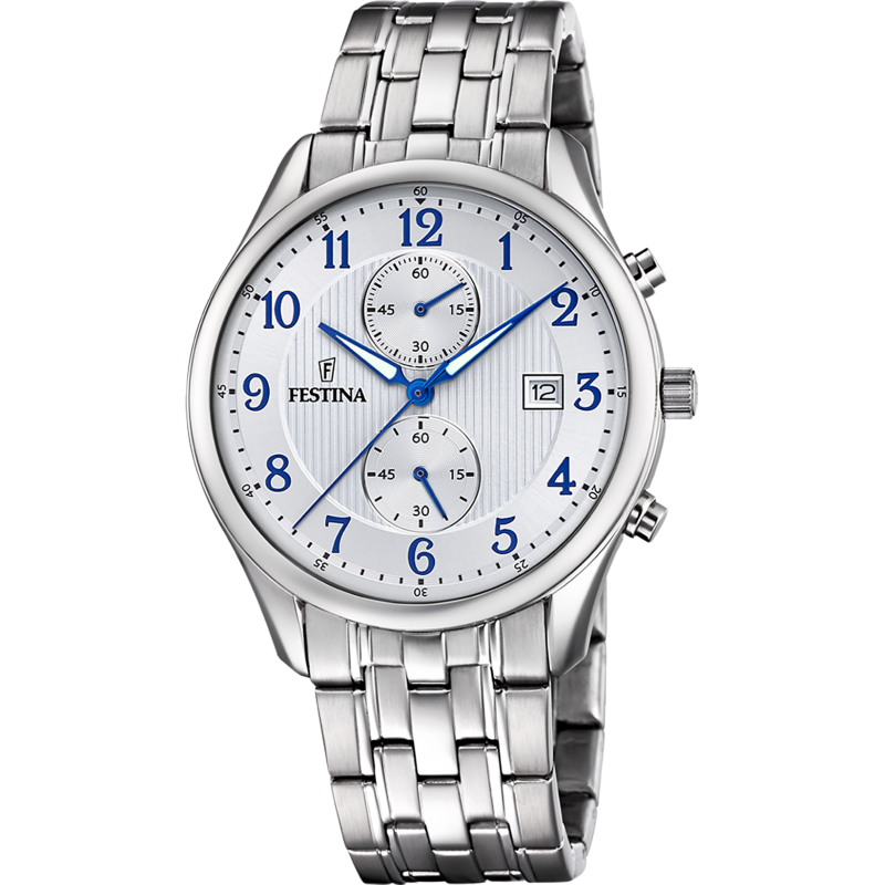 Ročna ura FESTINA F6854-A Timeless Chronograph s svetlo številčnico, modrimi kazalci in jekleno zapestnico