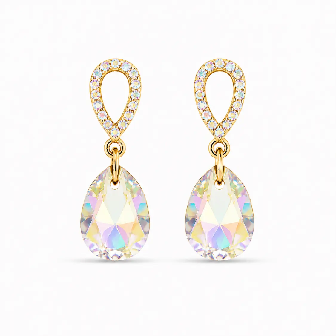 Uhani SPARK Pear Drop KSPG6433AB iz pozlačenega srebra 925 z visečimi kristali Swarovski® Aurore Boreale v obliki kapljice.