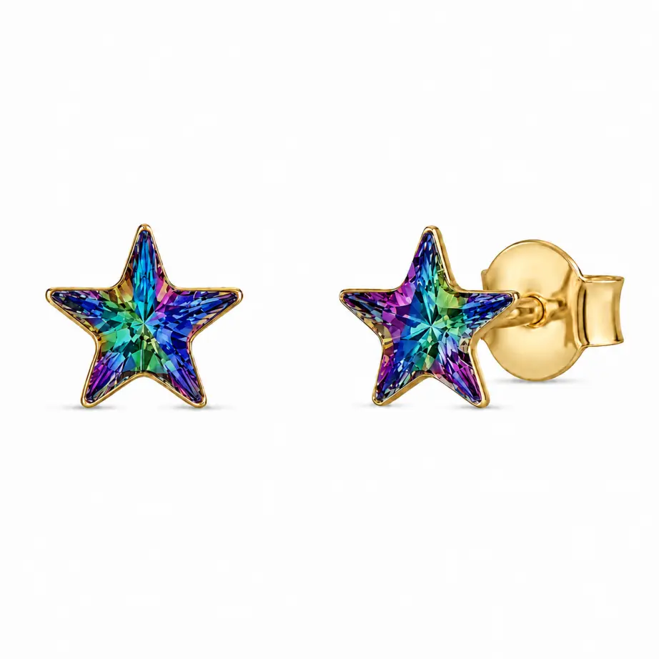 Uhani SPARK Star KSPG4745VM iz pozlačenega srebra 925 z zvezdastimi kristali Swarovski® Vitrail Medium velikosti 10 mm.