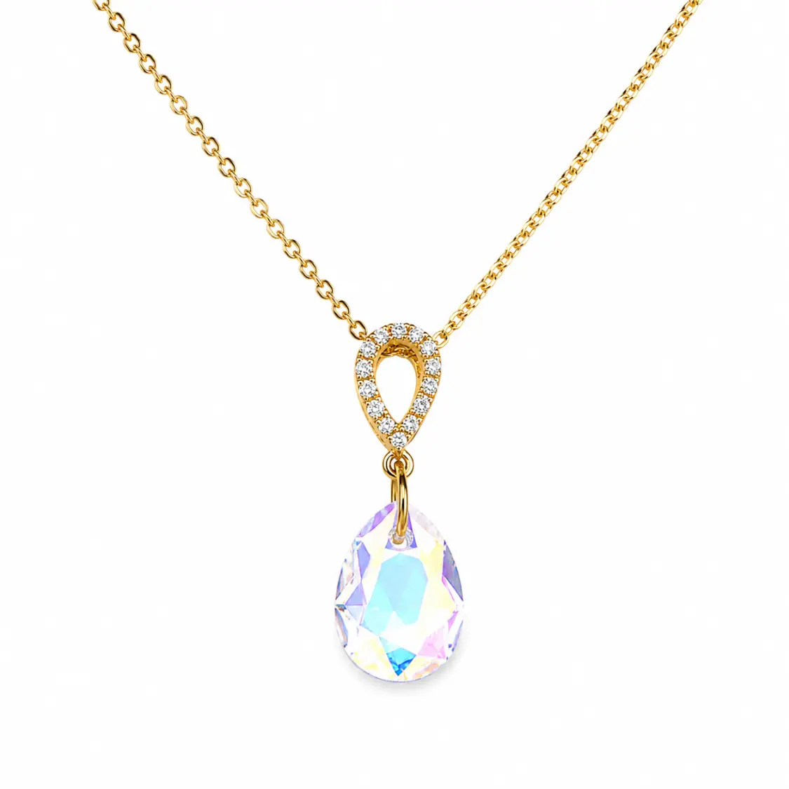 Verižica SPARK Pear Drop NSPG6433AB iz pozlačenega srebra 925 z visečim kristalom Swarovski® Aurore Boreale v obliki kapljice.